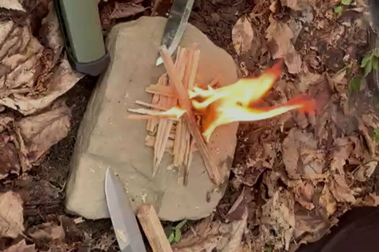 Petit bois fendu et premières flammes sur une pierre, lors d'un atelier feu en forêt